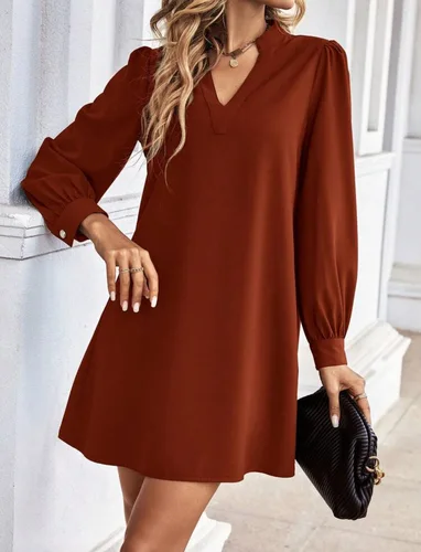 Imagen 2 del producto Vestidos estilo camisa de oficina para mujer, minivestido de manga larga con cuello en V, ropa de trabajo de Color sólido para primavera y otoño