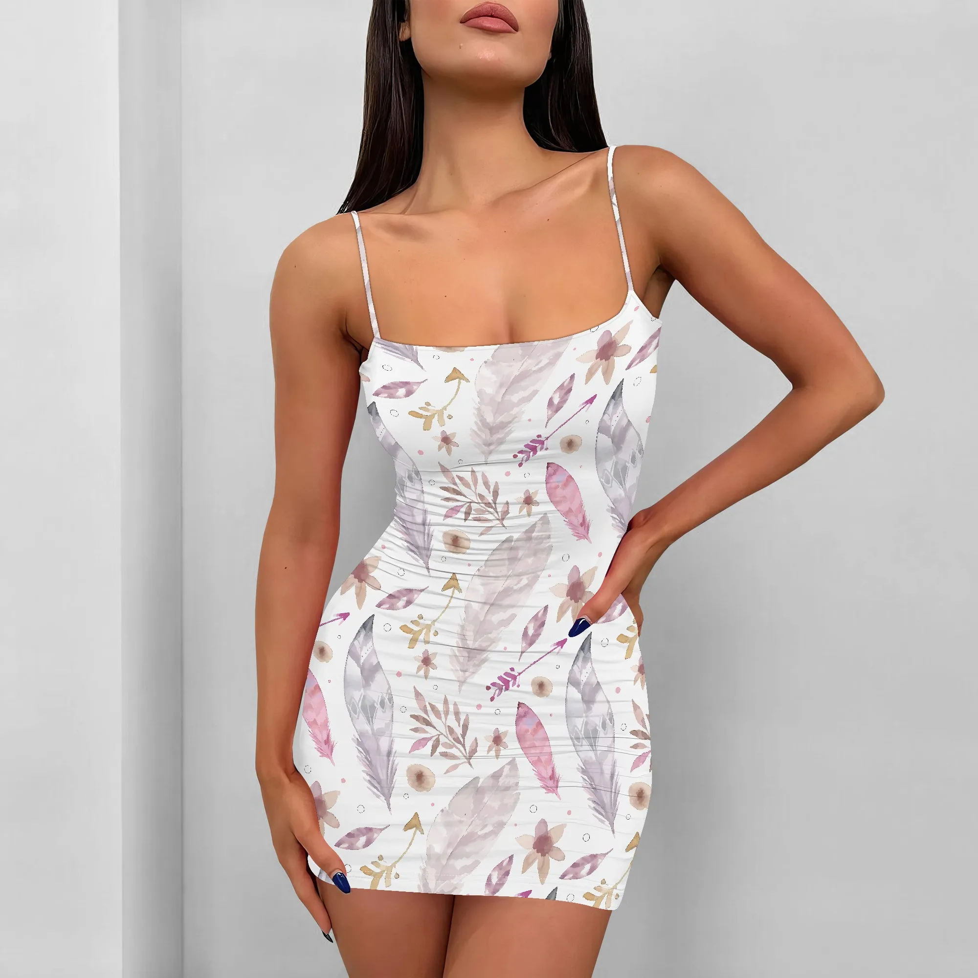 

EQQZD Sexy Sleeveless Crew Neck Spaghetti Strap Dress, Elegant Feather Print Mini Dress for Women