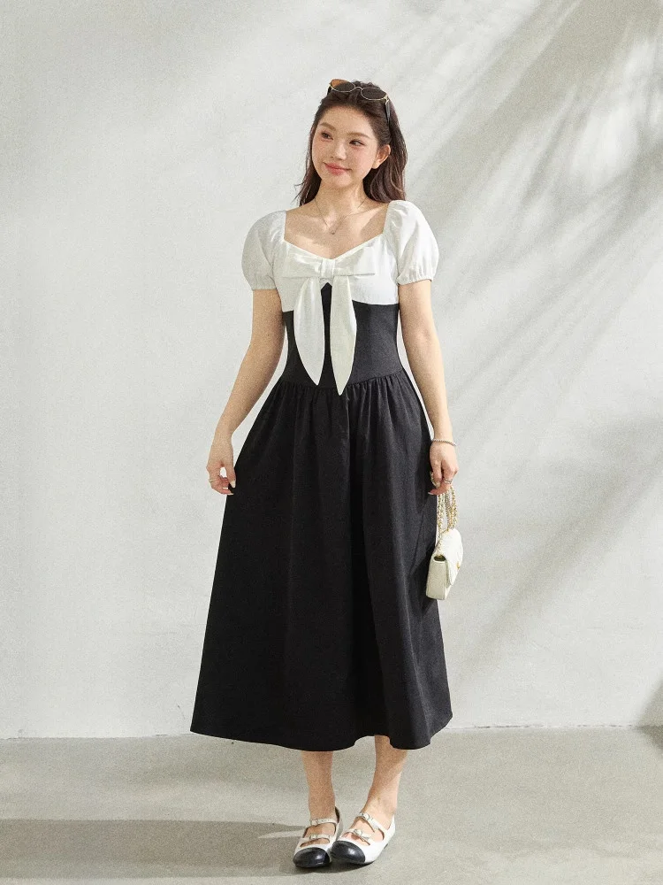 

plus Size Women's Dress Puffy Sleeve Color Block Korean Style Gentle Wind Long Dress Slimming Atmosphere Commute Style High W...