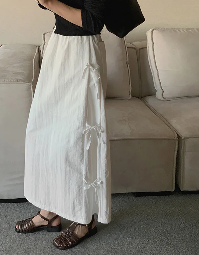 2Colors Women Spring Summer Sweet Straight Long Skirts For Womens Elastic High Waist Bow Tie Midi Back Split Skirt Female(C1985)