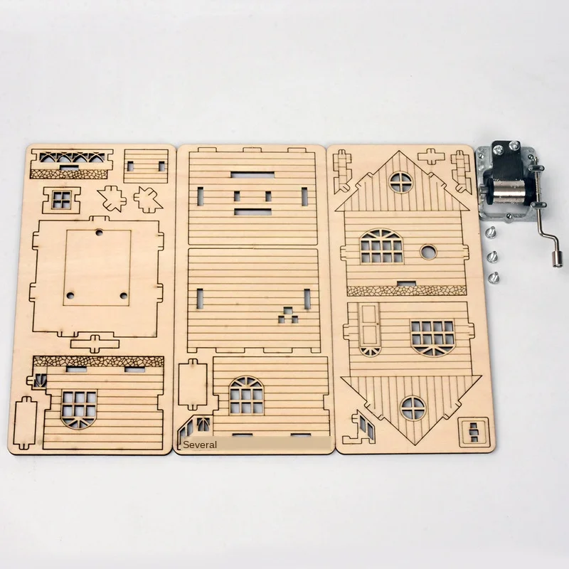 Caja de música modelo de ensamblaje de casa de madera, montaje creativo, caja de música con manivela, manualidades de regalo para niños P284
