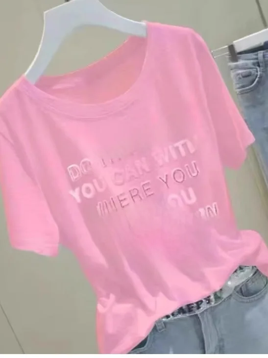 Loose Fit Bamboo Cotton ort Sve T-irt Women's Summer Slimming Top Outlet Brand European Sle Printed Commute Sle