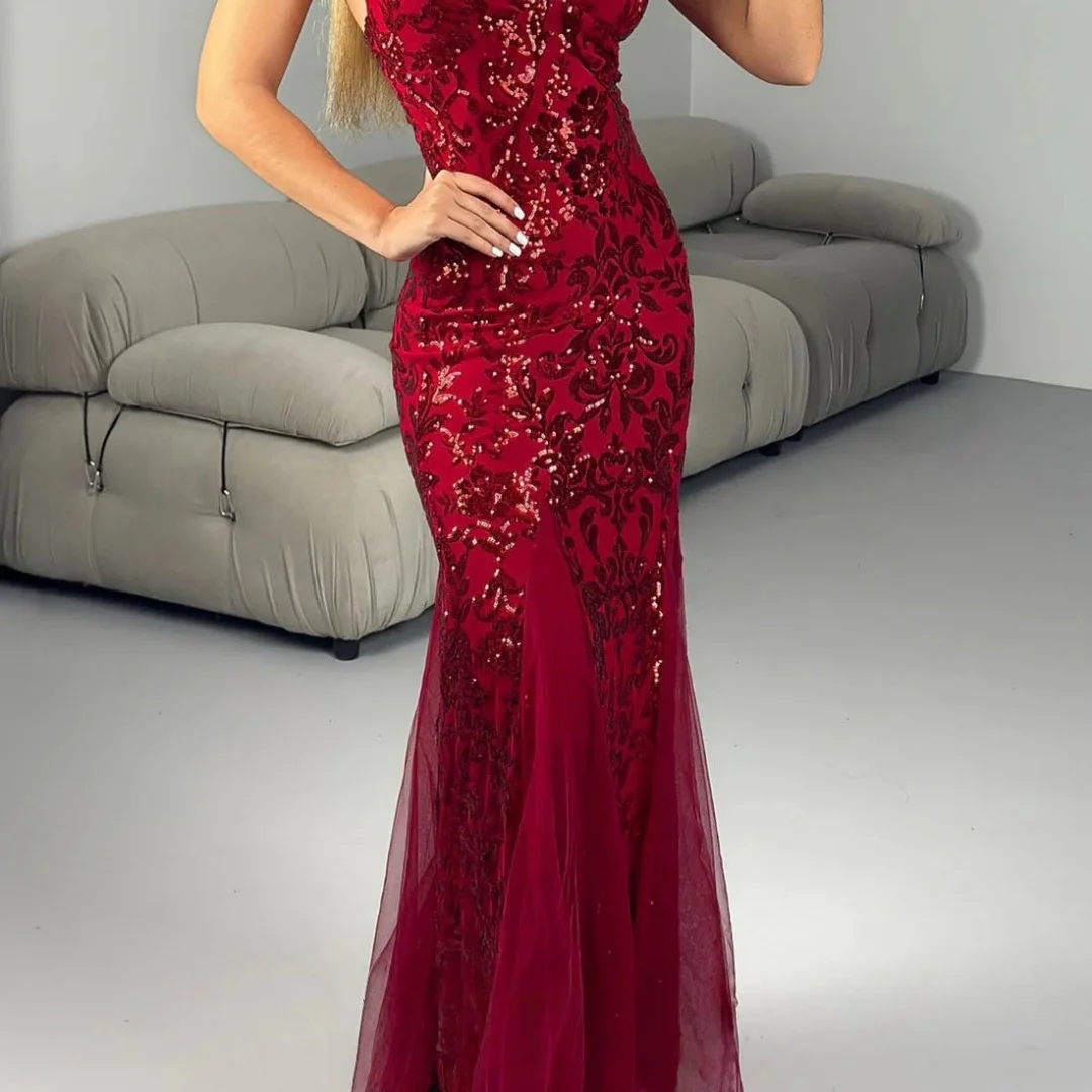 Bella personnalisé bordeaux Spaghetti sangle profonde V robe de bal paillettes sirène Tulle robes de soirée élégantes robes formelles de soirée