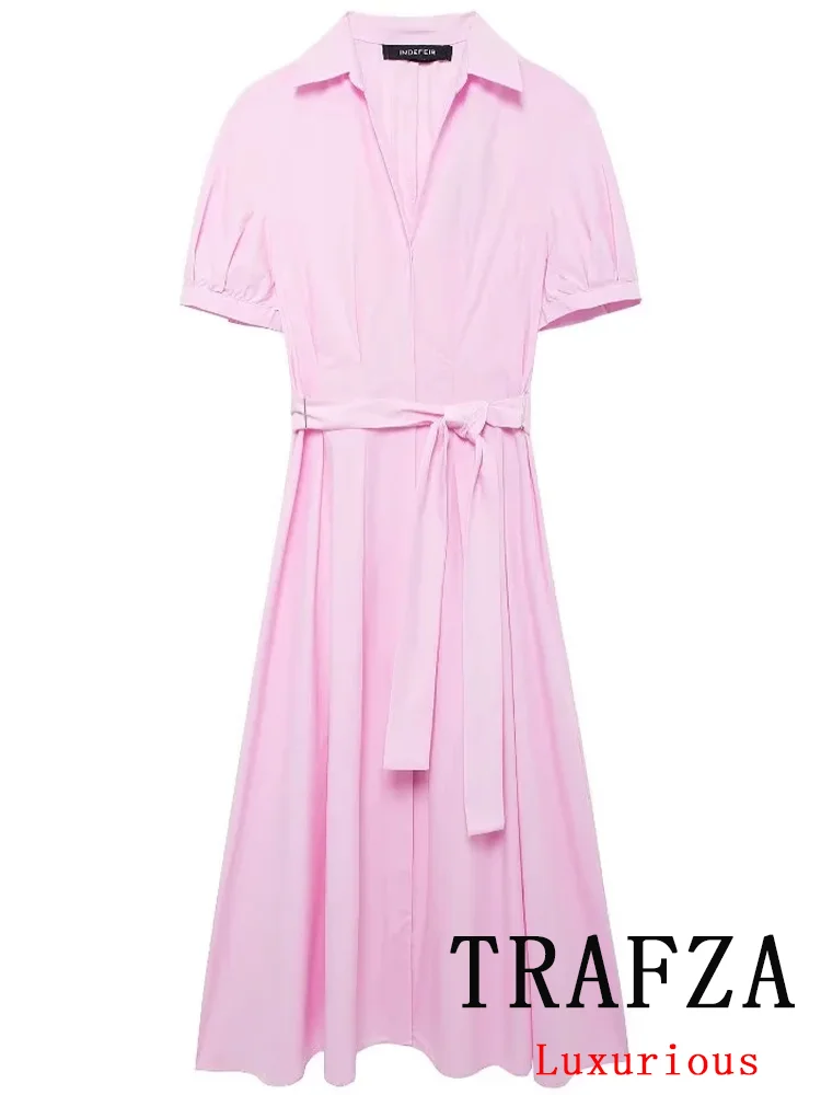 TRAFZA Vintage Chic Pink Women Dress Solid Belt Short Sleeve V Neck Long Straight Shirt Dress Fashion 2024 Autumn Dress