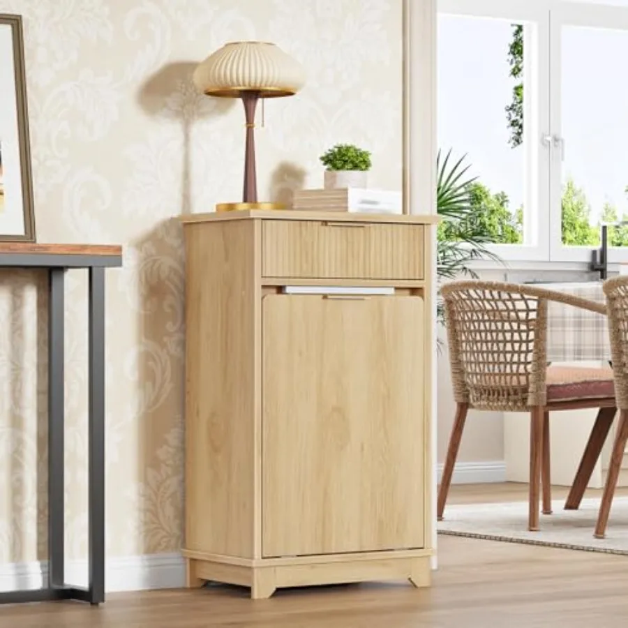 

Kitchen and living room 10-gallon tilt-out trash can cabinet with natural wood finish hidden garbage storage drawer flip-down d