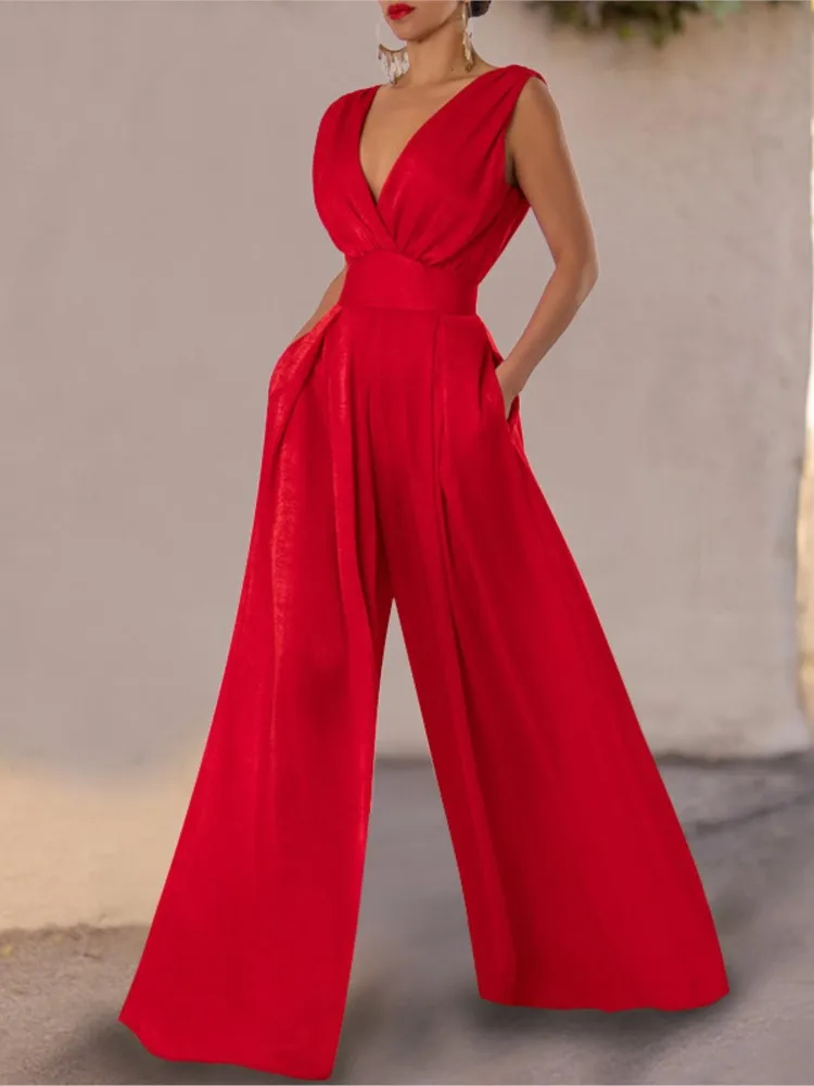 

Jumpsuits Women Summer Sleeveless Sexy Deep V-neck Solid Color Pocket High Waist Wide Leg Pant Elegant Commuting Lady Bodysuits