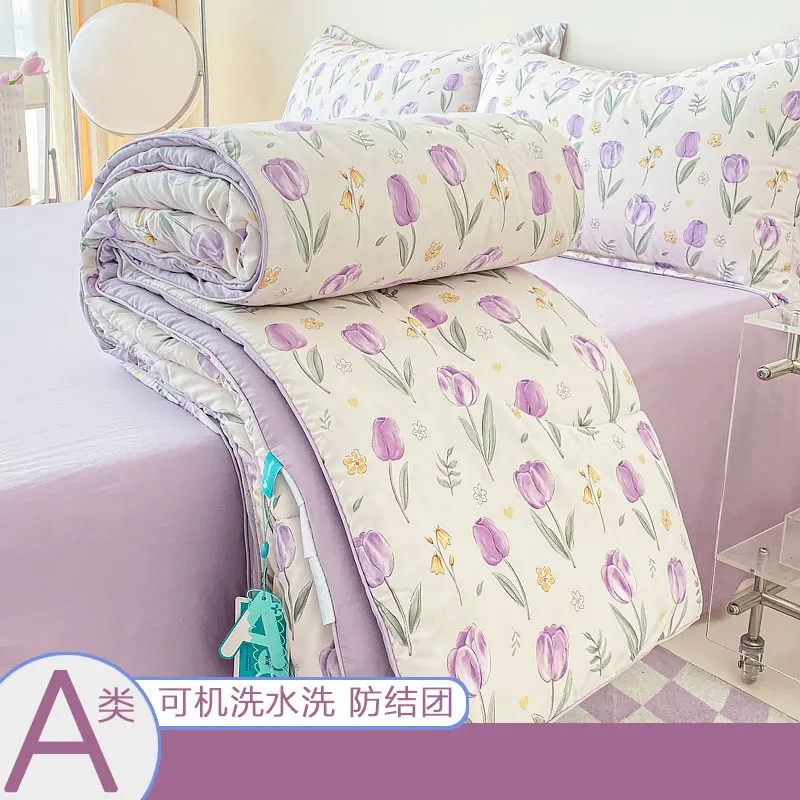 Purple Flowers Print Quilt Summer Cooling Blanket Single Double Queen Size Bed Comforters Air Conditioning Quilt Light Duvet