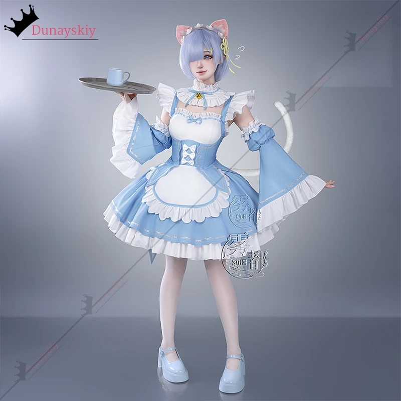 XS-2XL Re: Zero Starting Life in Another World Rem Cosplay Costume Bule French Maid  Dress Halloween Disguise for Adult Women