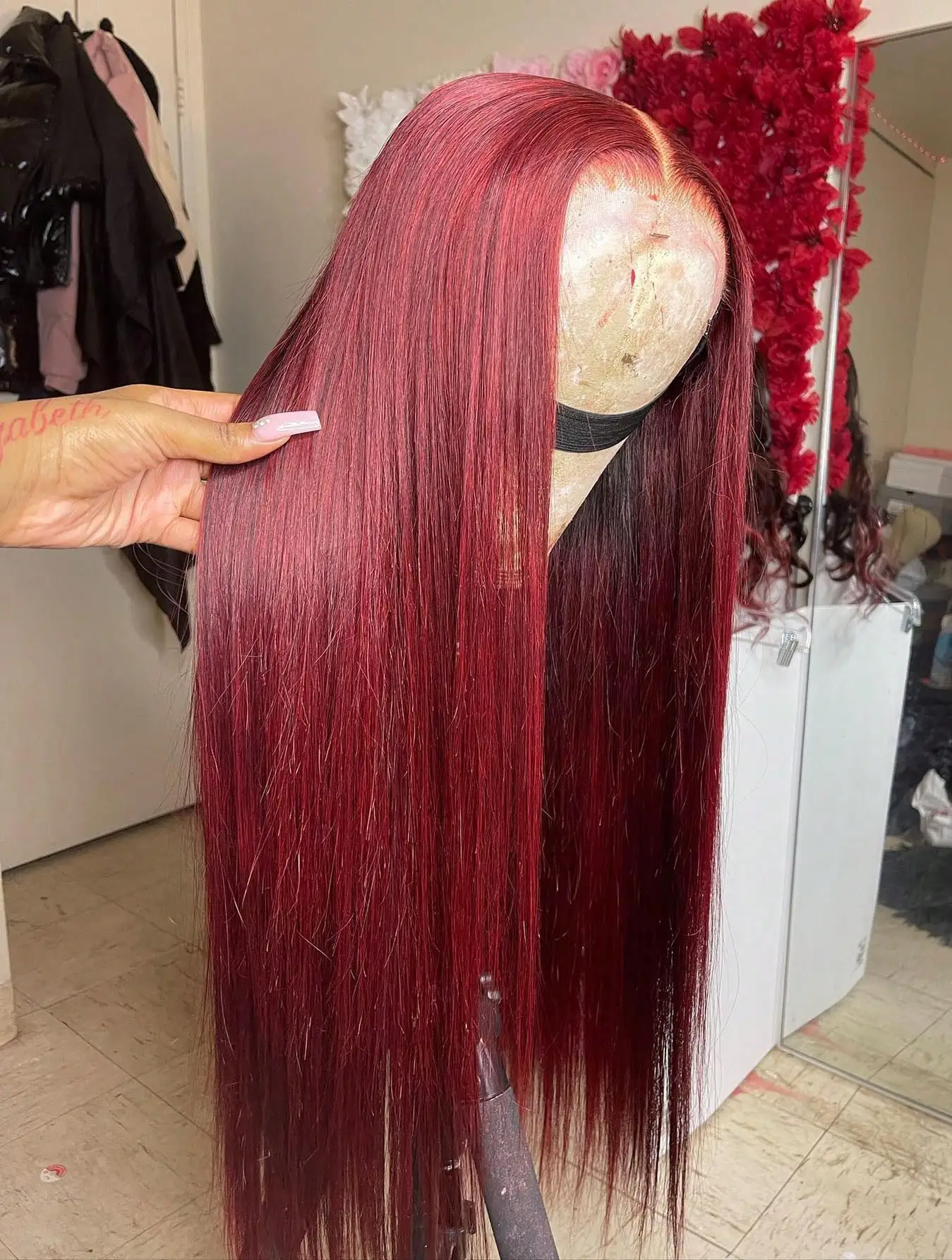 200% 99J Borgoña 13x4 Hd pelucas de cabello humano Frontal de encaje transparente vino tinto 99J pelucas rectas de colores prearrancadas con pelo de bebé