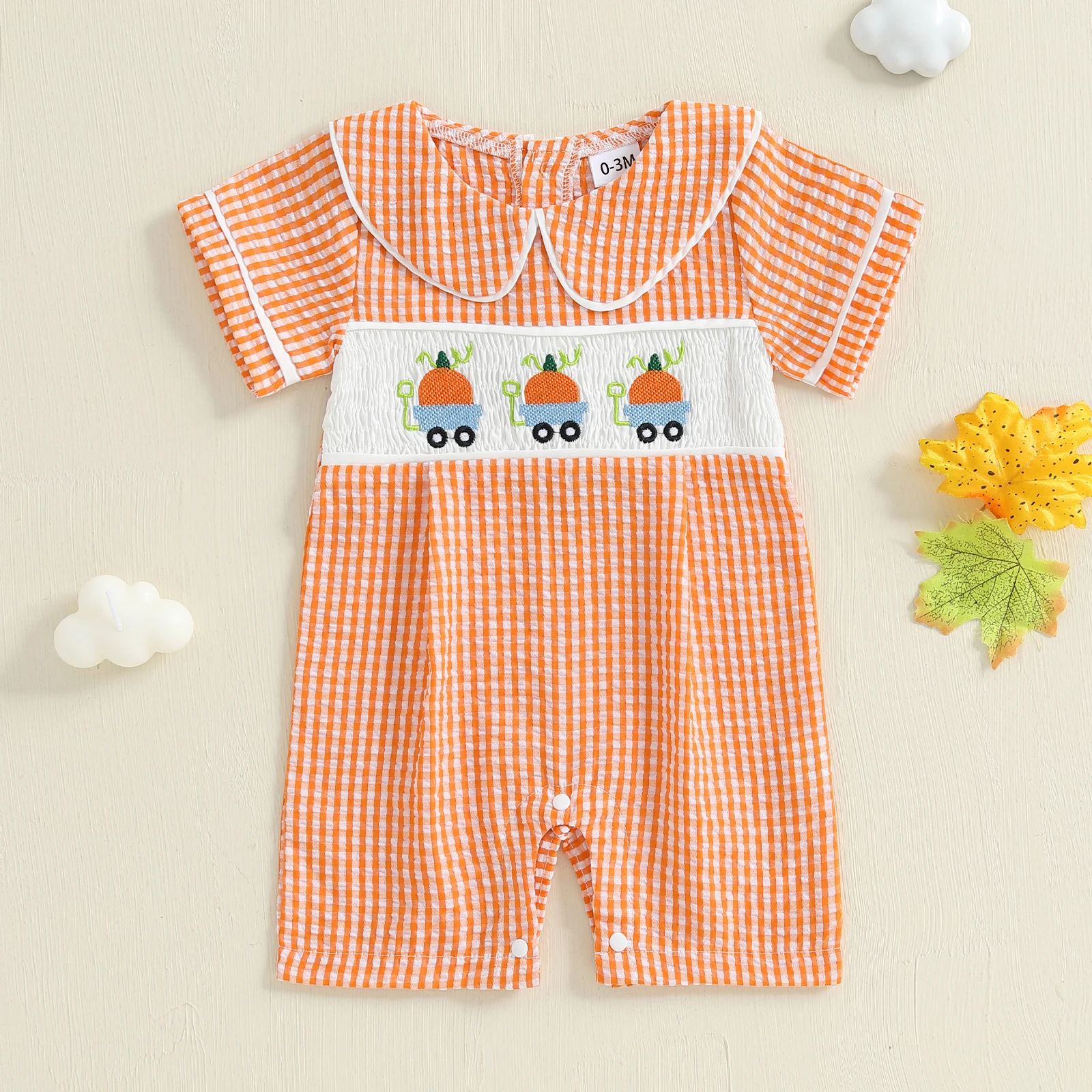 

Toddler Baby Girls Summer Romper Casual Pumpkin Embroidery Plaid Doll Collar Short Sleeve Jumpsuit Cute Clothes