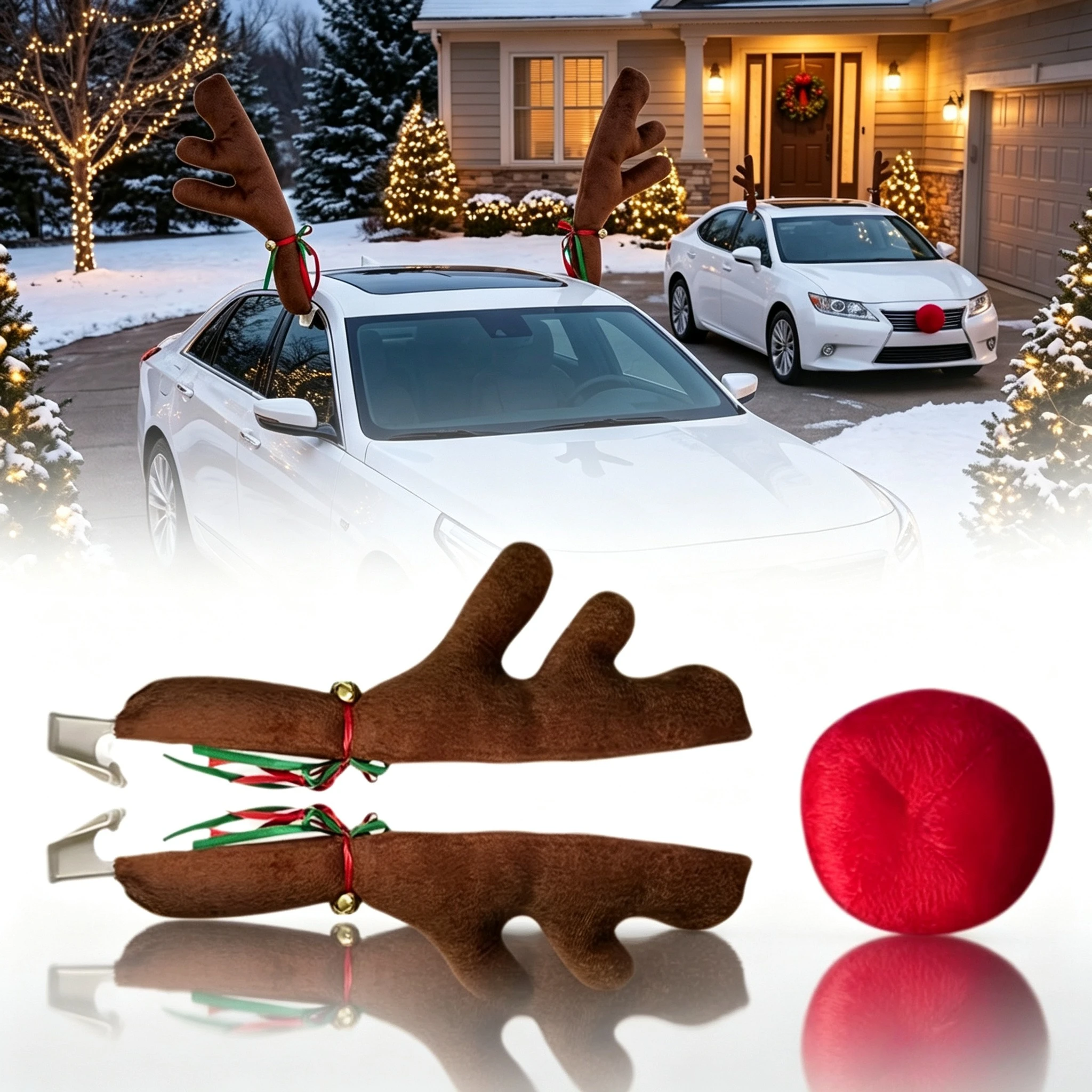 Christmas Car Decoration Deer Antlers Car Kit Red Nose Tail Set Holiday Gift Accessories for Vehicle Window Exterior Decor
