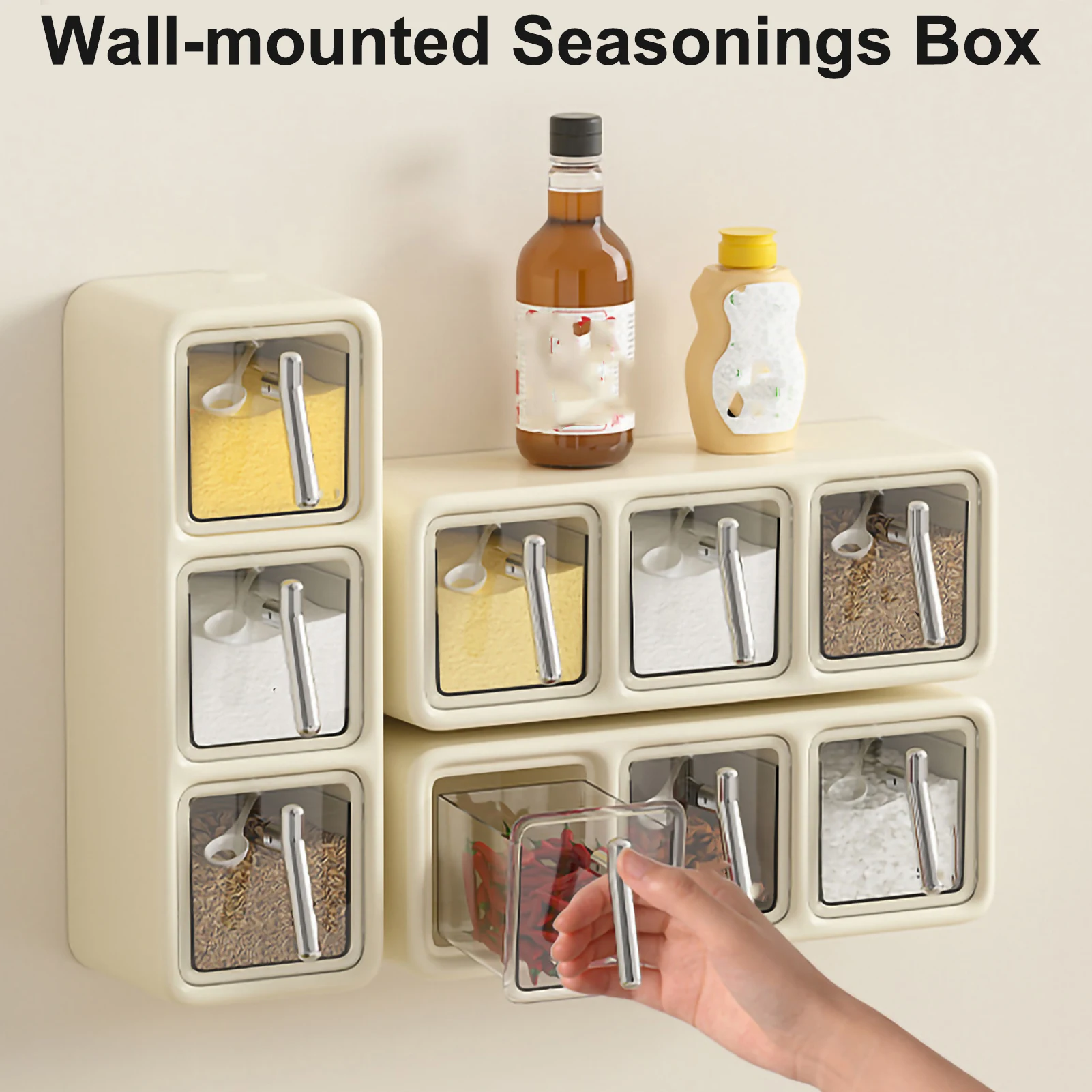 3 In 1 Seasoning Boxes Wall-Mounted Seasoning Storage Jars Sugar Salt Spices Organizer Container Kitchen Storage & Organization