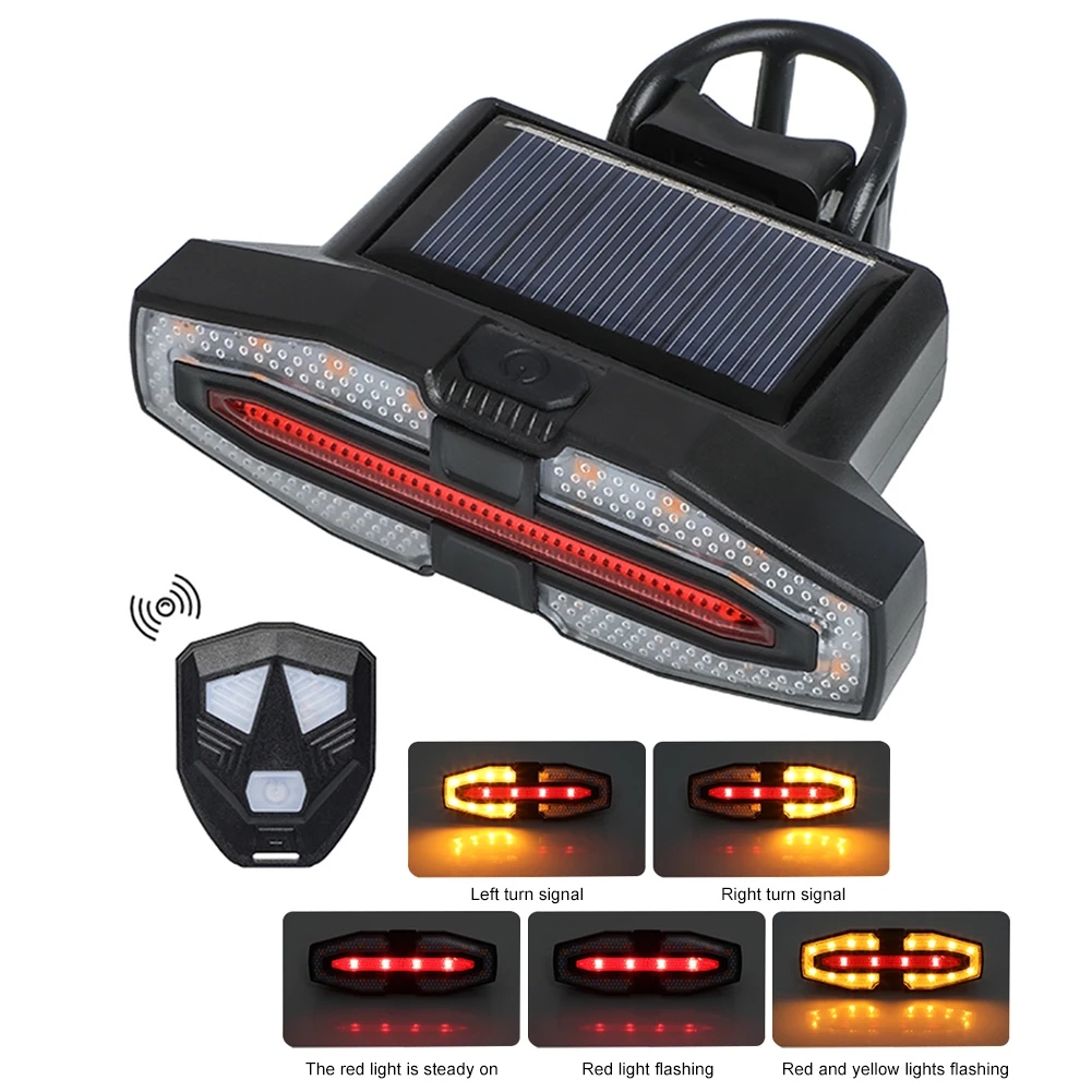 Feu arrière de vélo solaire LED, télécommande, lampe d'avertissement de cyclisme, charge de Type C, feu arrière de vélo Portable pour la conduite de nuit