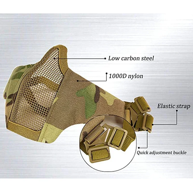 Half Face Tactical Airsoft Mask Adjustable Metal Steel Mesh for Hunting Shooting Paintball Lightweight Protective Gear