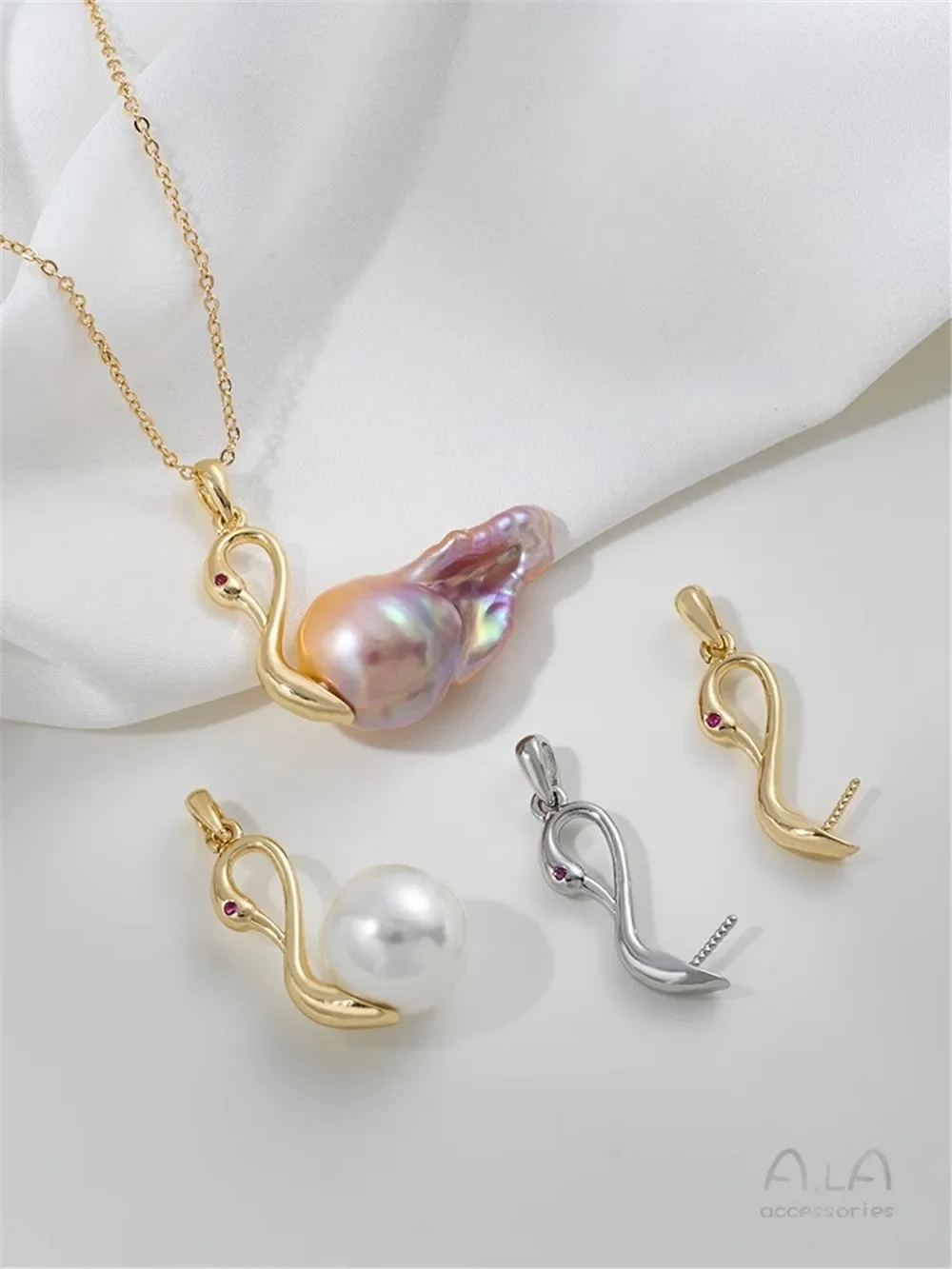 14K Gold-Color Swan Head Sticky Baroque Pearl Empty Tray Pendant DIY Hand-made A Piao Jewelry Material B378