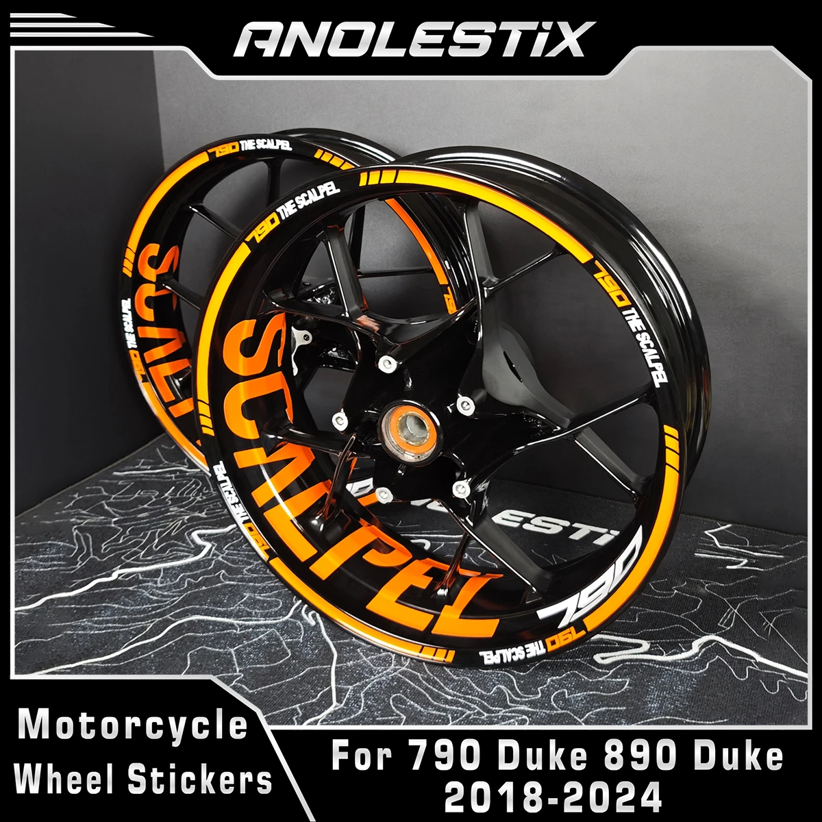 

AnoleStix Motorcycle 17 Inch Front Rear Decal Wheel Hub Waterproof Rim Stickers For KTM Duke 790 Duke 890 SCALPEL 2018-2024