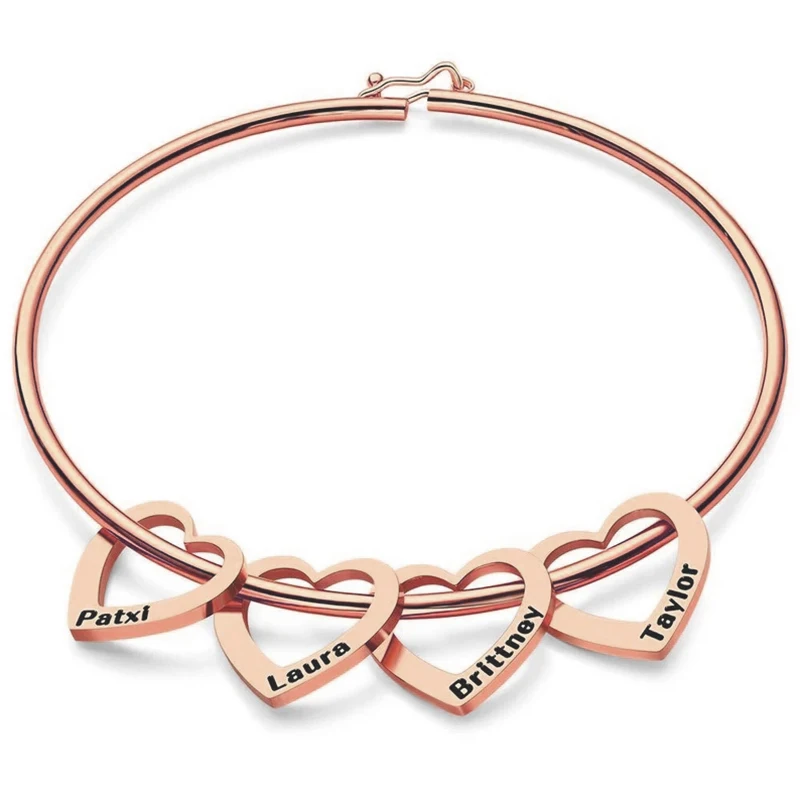 New Personalized Women Heart Bracelet Carved Names Heart-shaped Charm Bangle Custom Stainless Steel Jewelry Valentine\'s Day Gift