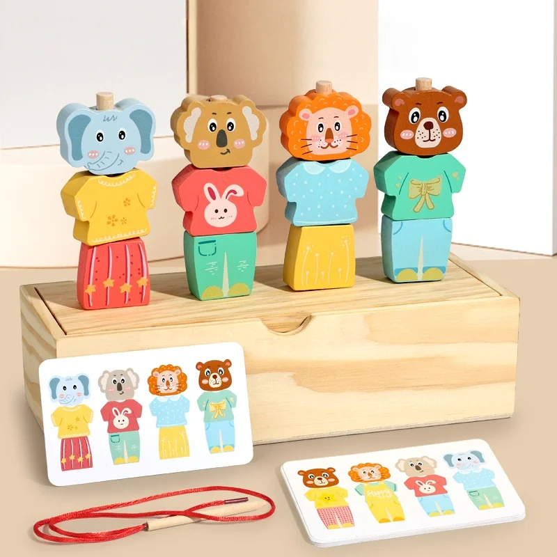 Montessori Wooden Animal Stacking & Dress Up Blocks Children's Early Education Change Clothes Dressing Game Colorful Puzzle