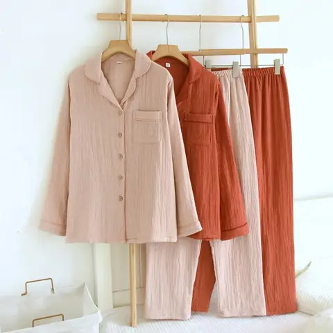 2026 Women 100%Cotton Pajama Sets Long Sleeved Cardigan Shirt Pants Thick 4-Layer Crepe Sleepwear Suit Simple Longewear Homewear