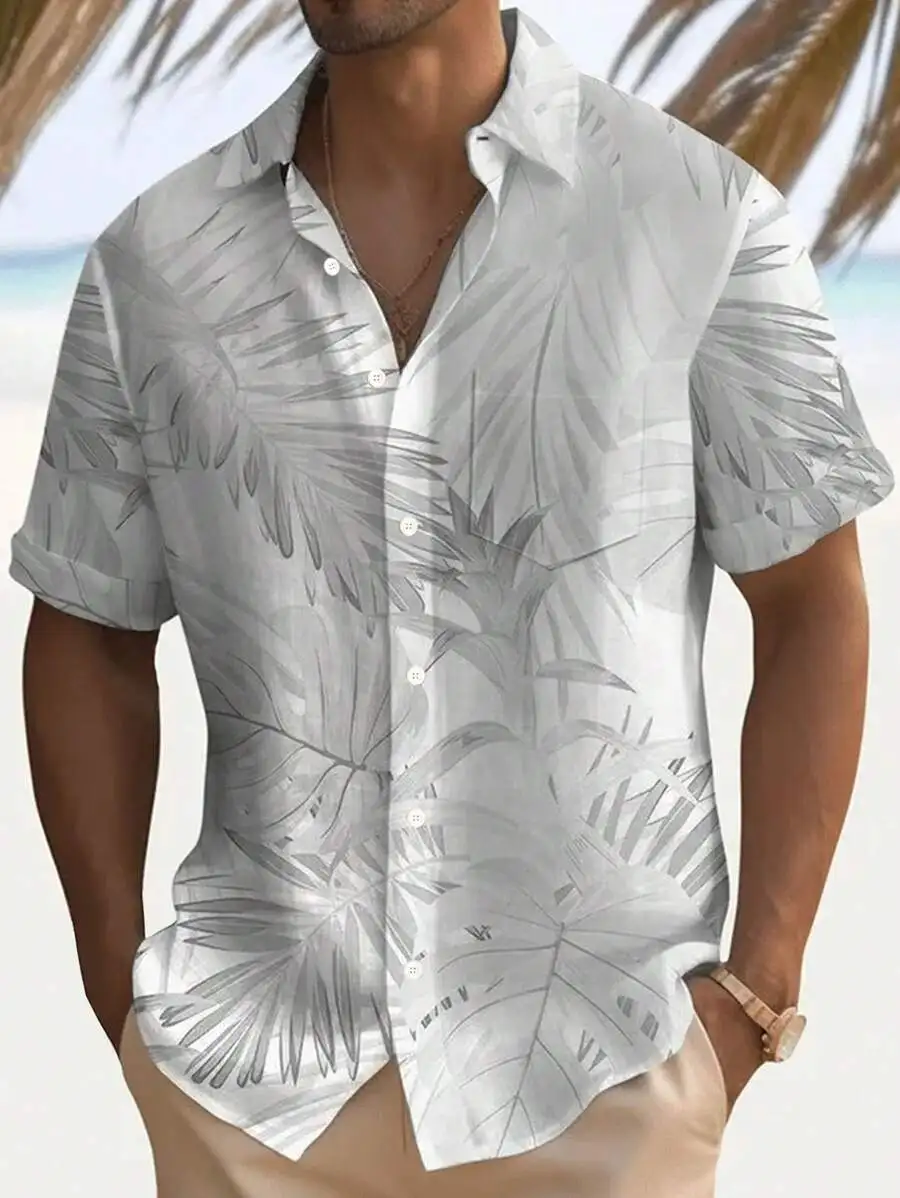 

Men's Loose Fit Short Sleeve Button-Down Shirt with Tropical Leaf Print