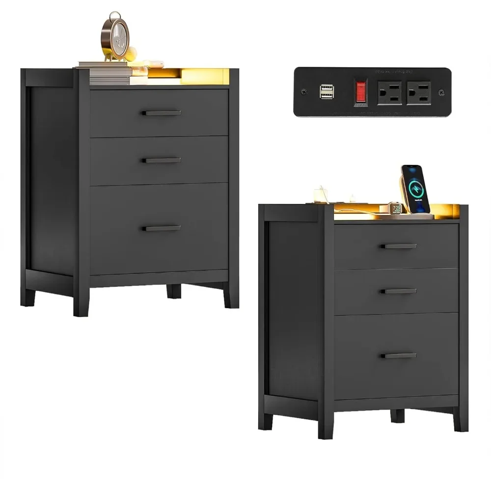 

Nightstands Set of 2, LED Nightstand with Charging Station, End Side Table with 3 Drawers, Modern Night Stand Bedside Table