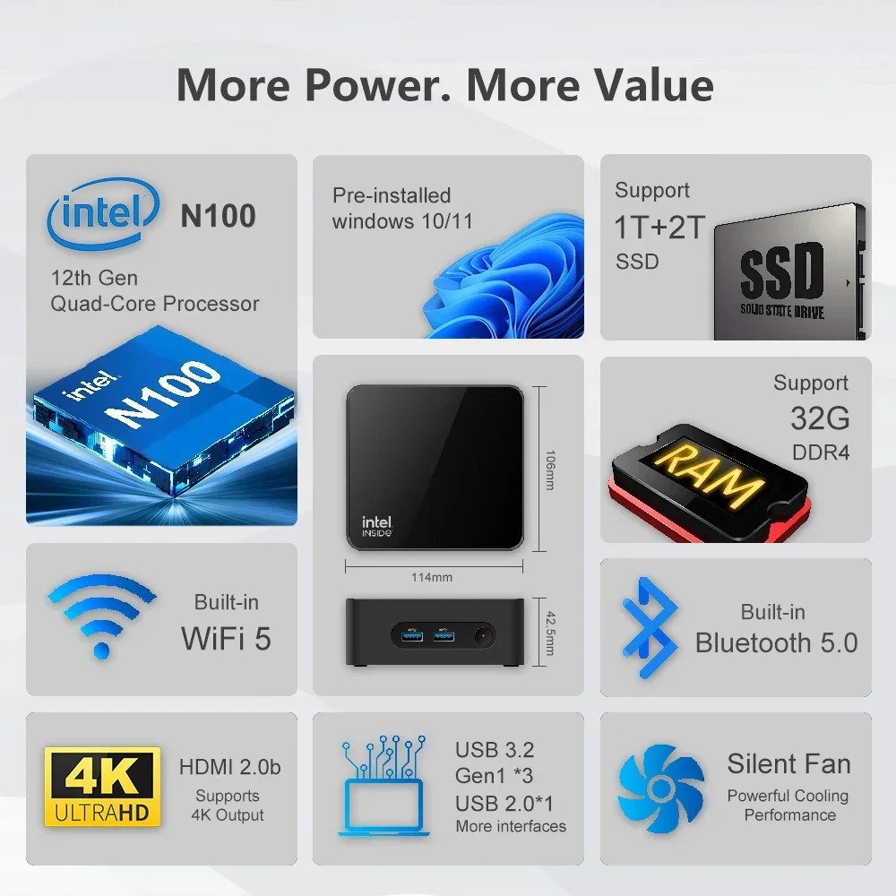 Mini-PC Windows 11 Pro Mini-PC Intel Alder Lake N100 DDR4 PCIe M.2 SSD WiFi 5 BT5.0 USB3.2 Dual HDMI Desktop-Computer Büro