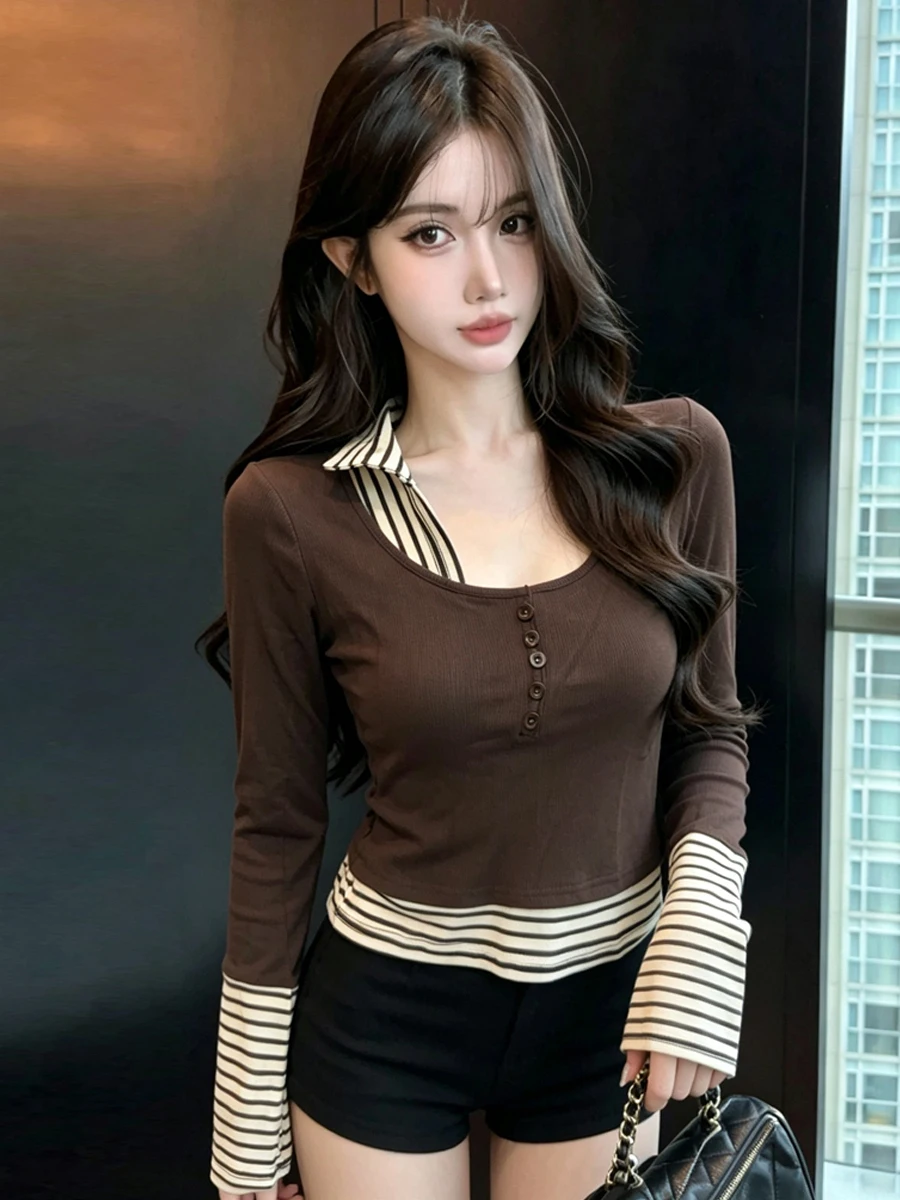 Sweet Atmosphere  Neck Splice Stripe Slim Fit False Two-Piece Irregular Spicy Girl Overhead Versatile T-Shirt for Women