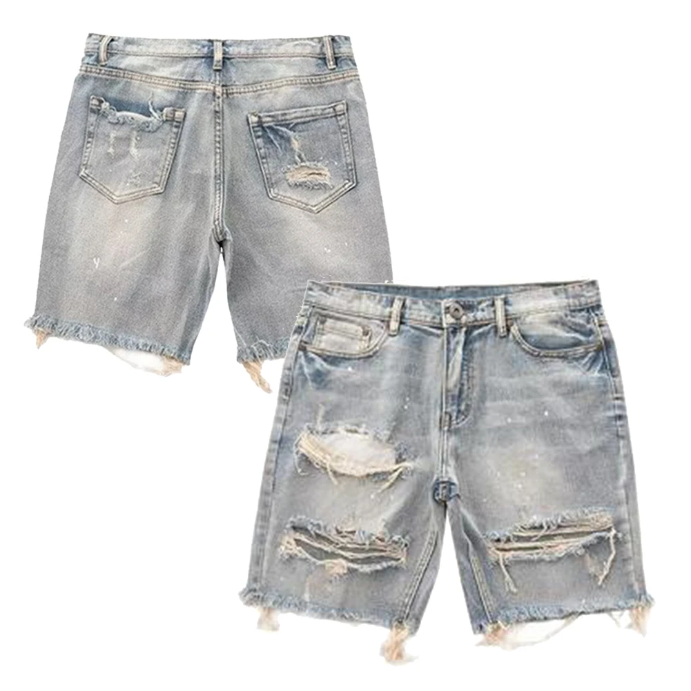 

Ens Summer Distressed Shorts Fashion Slim Ripped Short Jeans Vintage Streetwear Straight Fit Ripped Holes Knee Length Distressed