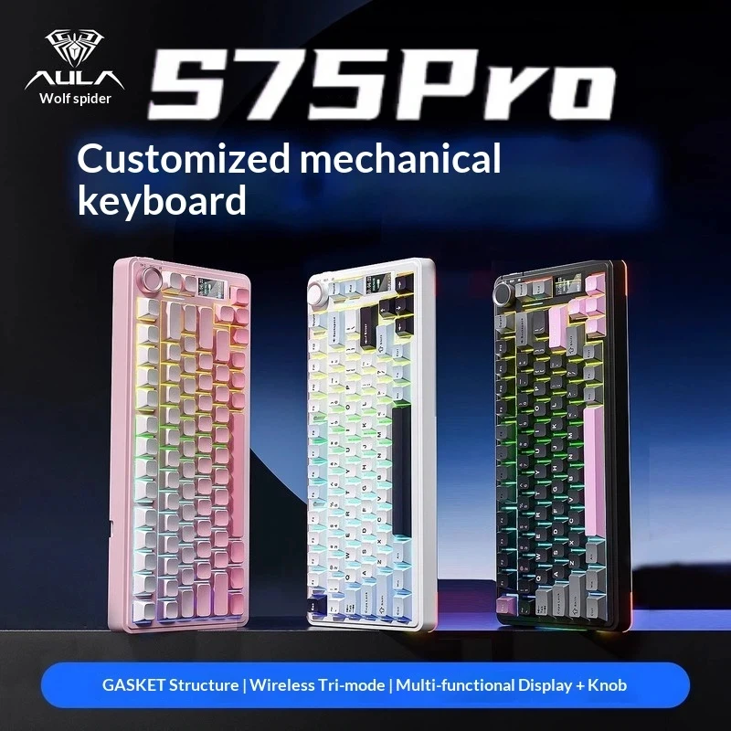 

Wolf Spider S75pro Mechanical Keyboard Three Modes Wireless Screen Side Carving Gradient Office Gaming Esports Keyboard