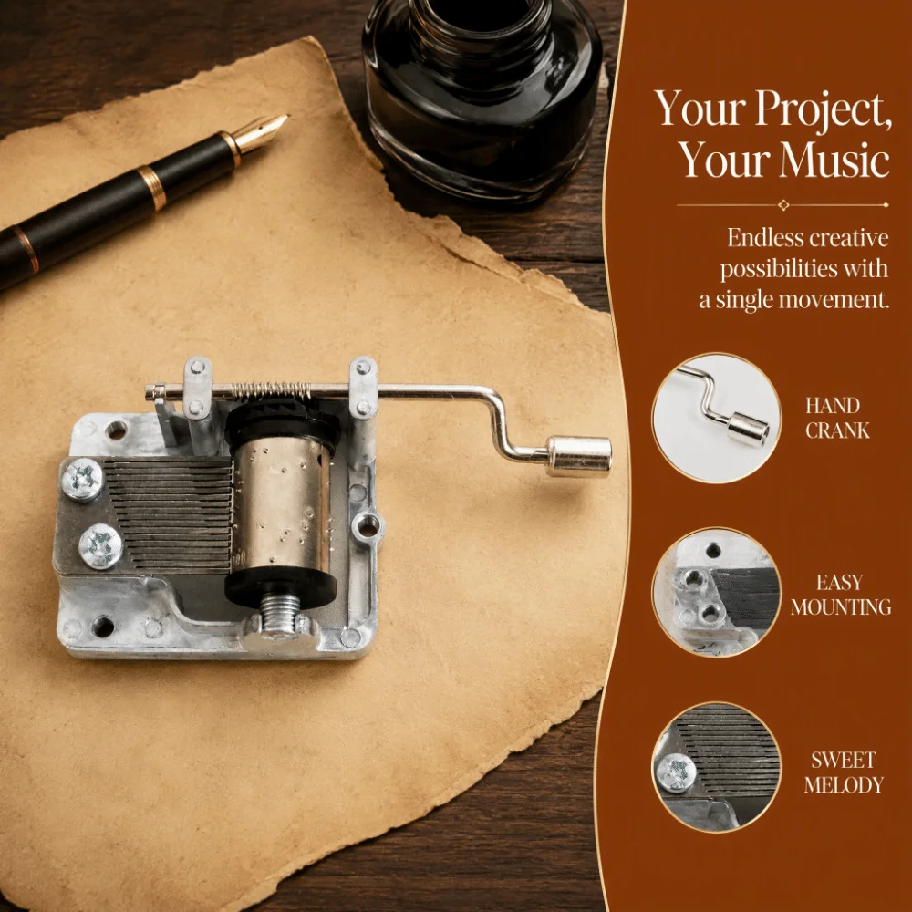 Silver-Plated Metal Music Box Movement Hand Crank Clear Sound Mechanical Musical Movement Visible Gear DIY Music Box Mechanism