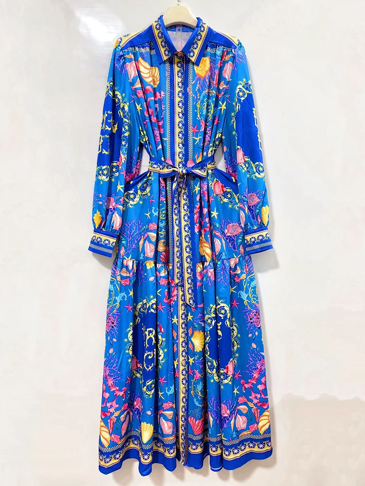 Retro-Kleid mit geometrischem Muster, Reverskragen und Taillenbindung, Frühjahr 2026, Damen-Hemdkleid, modisch, locker, Oversize, plissierter, bauschiger Rock