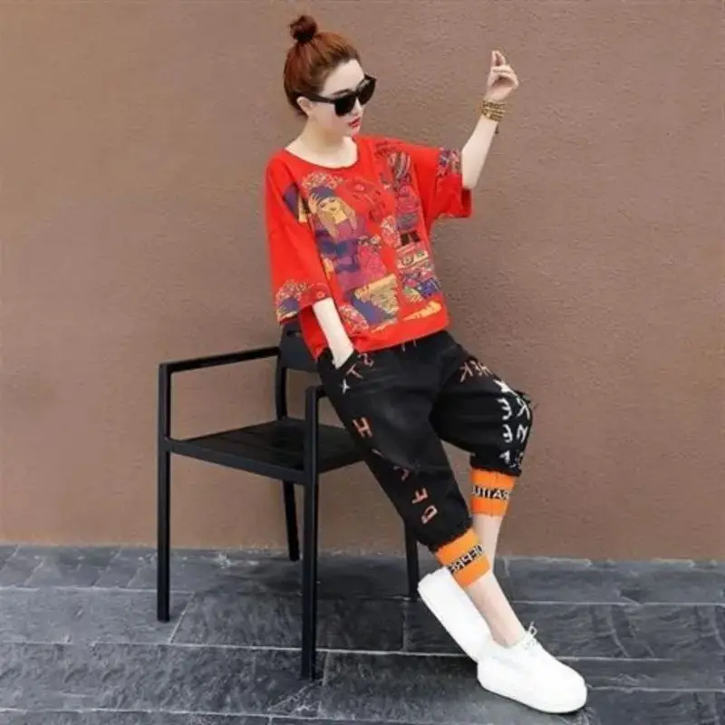 Women\'s Fashion Sports Suit Spring Summer New Short Sleeved T-shirt Calf-Length Harem Pants Korean Loose Leisure 2 Two Piece Set