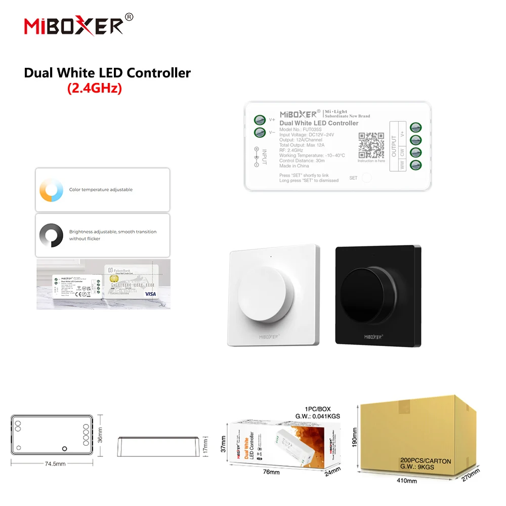 MiBoxer DC12~24V FUT035S+K1 86 2.4GHzRF Wireless Dual White 12A/Channel LED Controller For CCT COB/Led Strip Light