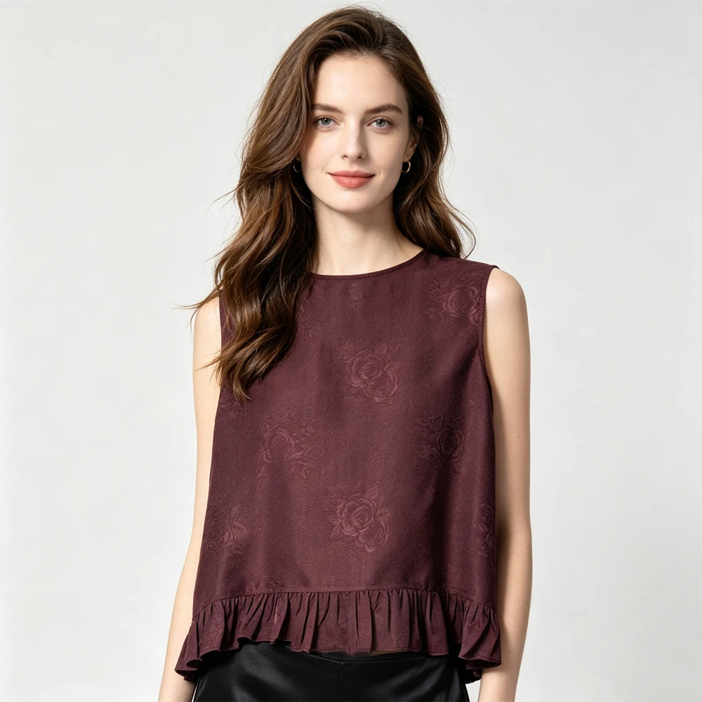 Women's Casual Summer New Purple Rose Moire Pattern 100% Natural Mulberry Silk Jacquard Satin Round Neck Ruffle Edge Tank Top