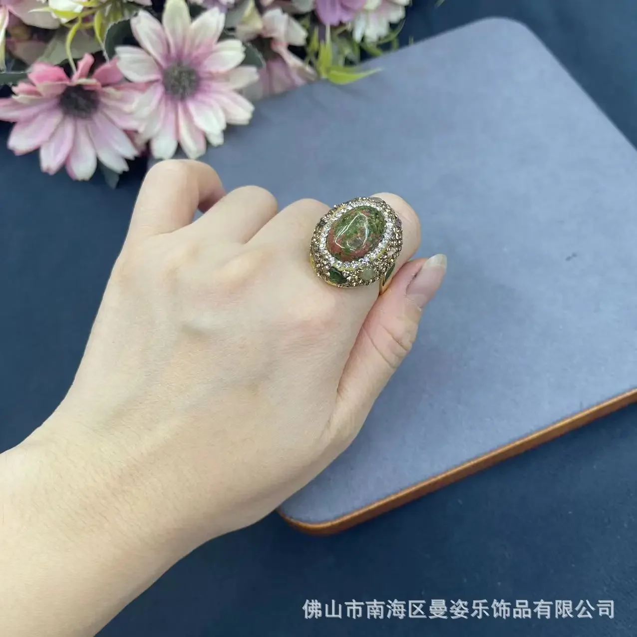 Natural red and green treasure agate stone inlaid with tourmaline live ring color retention real gold electroplating adjustable