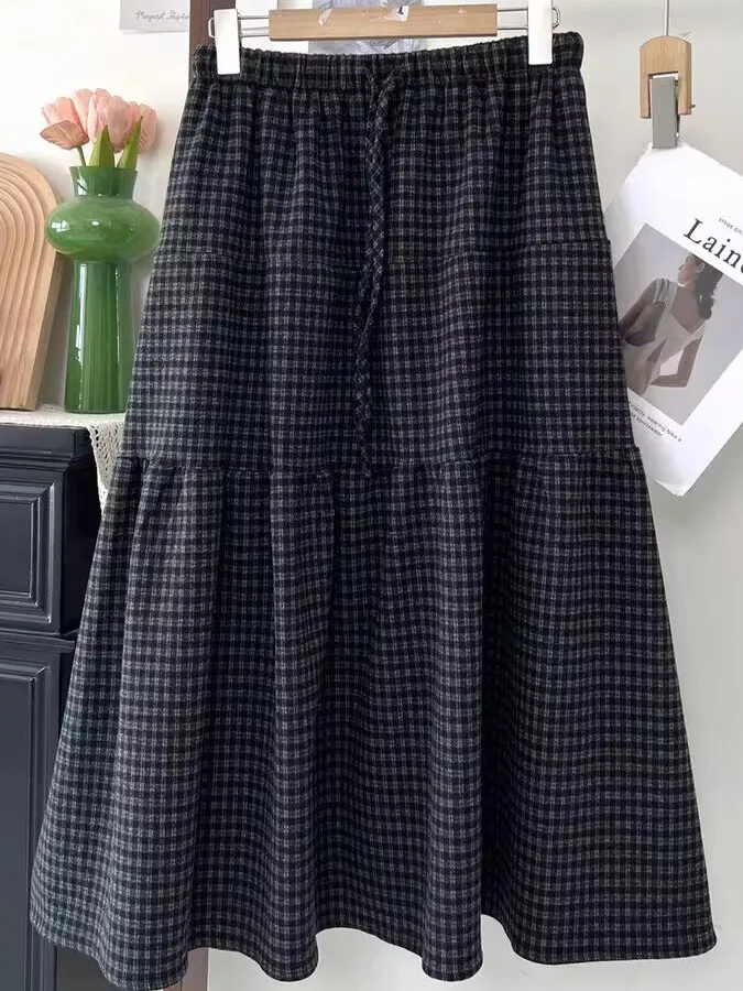 

Восточная художественная шерстяная клетчатая юбка трапециевидной формы большого размера, универсальная универсальная длина f с высокой талией для поездок на работу