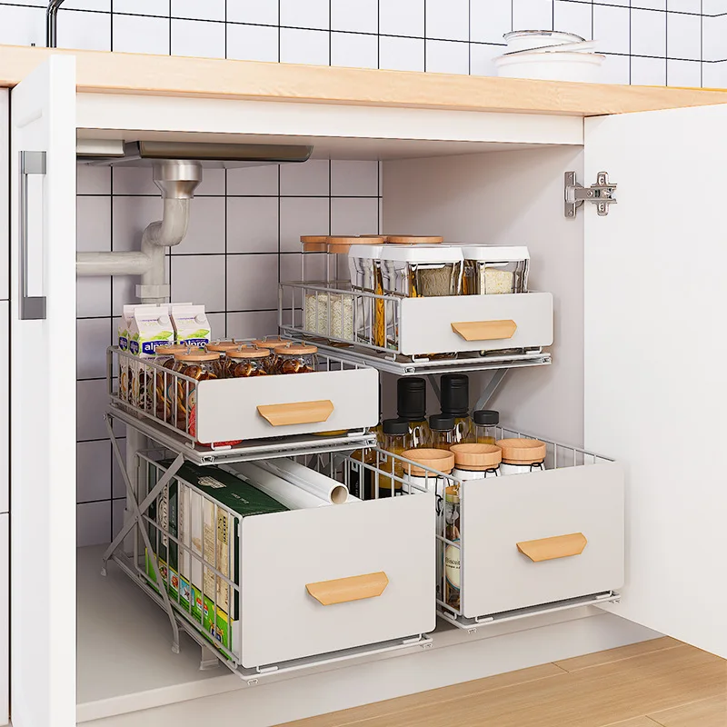 2023 Modern Simplicity Kitchen Seasoning Rack Under Sink Storage Rack Pull Out Cabinet Lift Layered Storage 2 Layer Organization