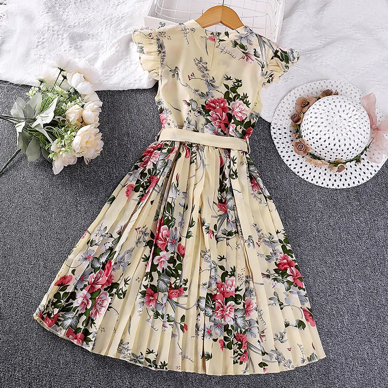 Children\'s Dress For Girls 5-12 Years O-neck Small Flying Sleeve Floral Print Pleated A-line Skirt Give Belt