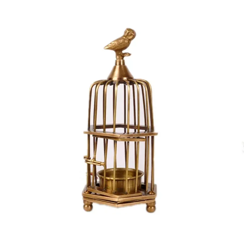 Retro Pure Copper Bird Cage Mini Candlestick Creative Gold Desktop Decoration Ornaments Living Room TV Cabinet Decoration
