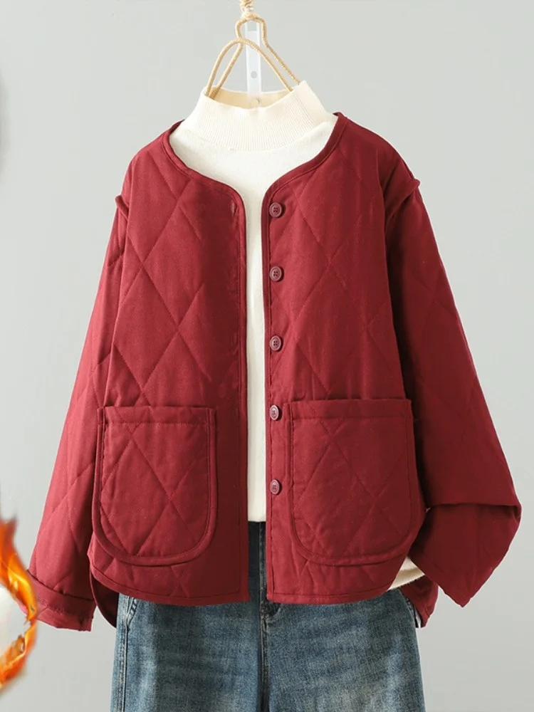 

Женское зимнее свободное теплое хлопковое пальто с ромбовидным узором в стиле ретро, на пуговицах, с длинными рукавами, круглым вырезом, утепленное