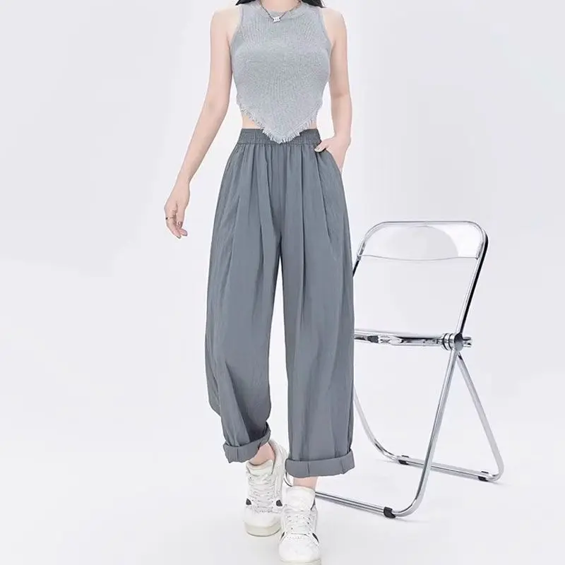 Radish Eight-quarter Quick-drying Protection Casual Women's Spring and Autumn Elastic Waist Ice Tow Leg Pants