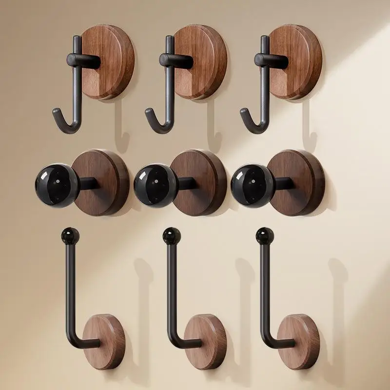 1 Pack Walnut Wood Self Adhesive Wall Hooks Heavy Duty No Drill Design For Bathroom Bedroom Hanging Coats Towels Bags