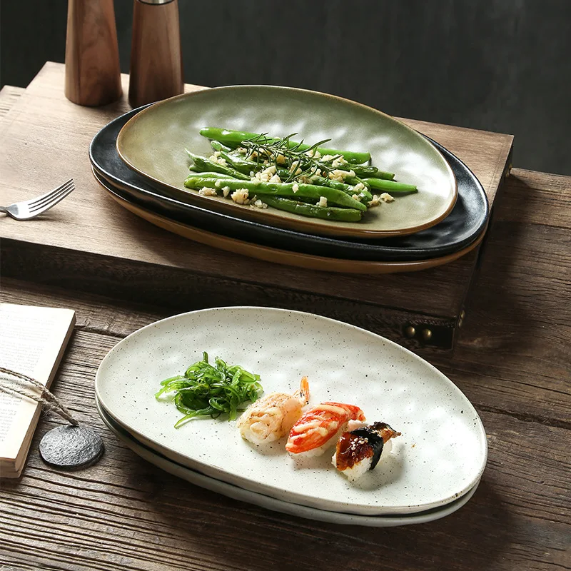 

Japanese ceramic plate, high-end tableware, oval sashimi plate, household fish barbecue commercial dish
