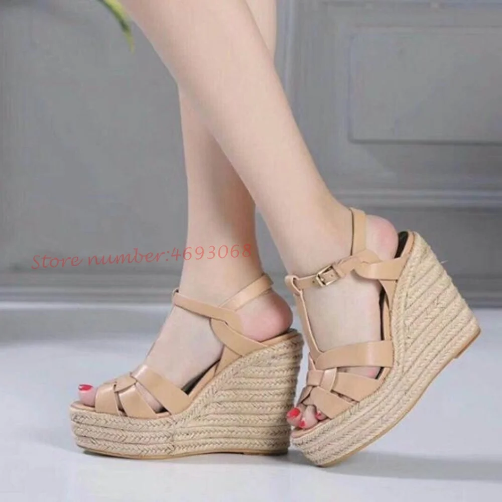 T-strap Wedge Platform Sandals Women Braided High Heels Height Increasing Peep Toe Summer Leather Shoes Bukcle Strap Sandals