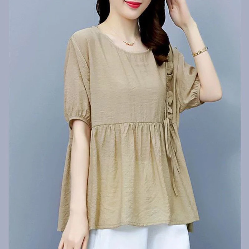 Women\'s Clothing 2023 Summer Korean Ruffles Lace Up Elegant Blouse Casual Round Neck Short Sleeve Shirt Solid Loose Tops Blusas