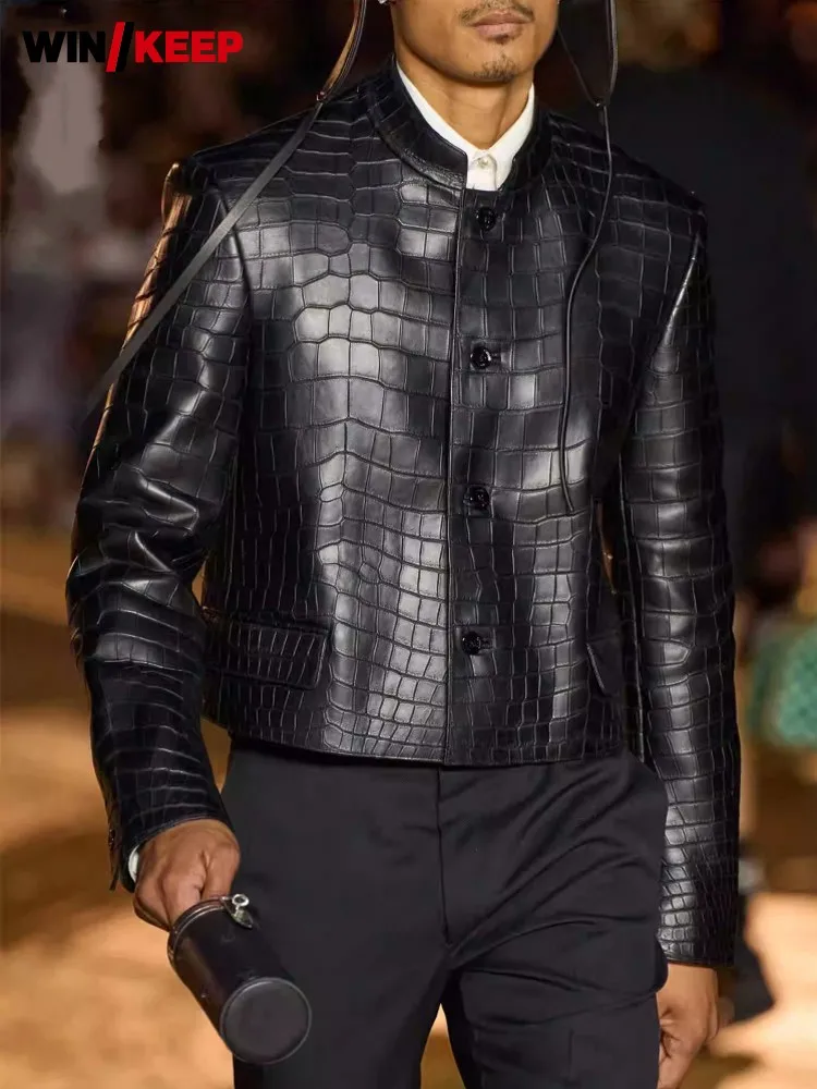 New Male Genuine Leather Jackets Chinese Zhong Shan Suit Slim Fit Handsome Casual Autumn Crocodile Print Natural Sheepskin Coat
