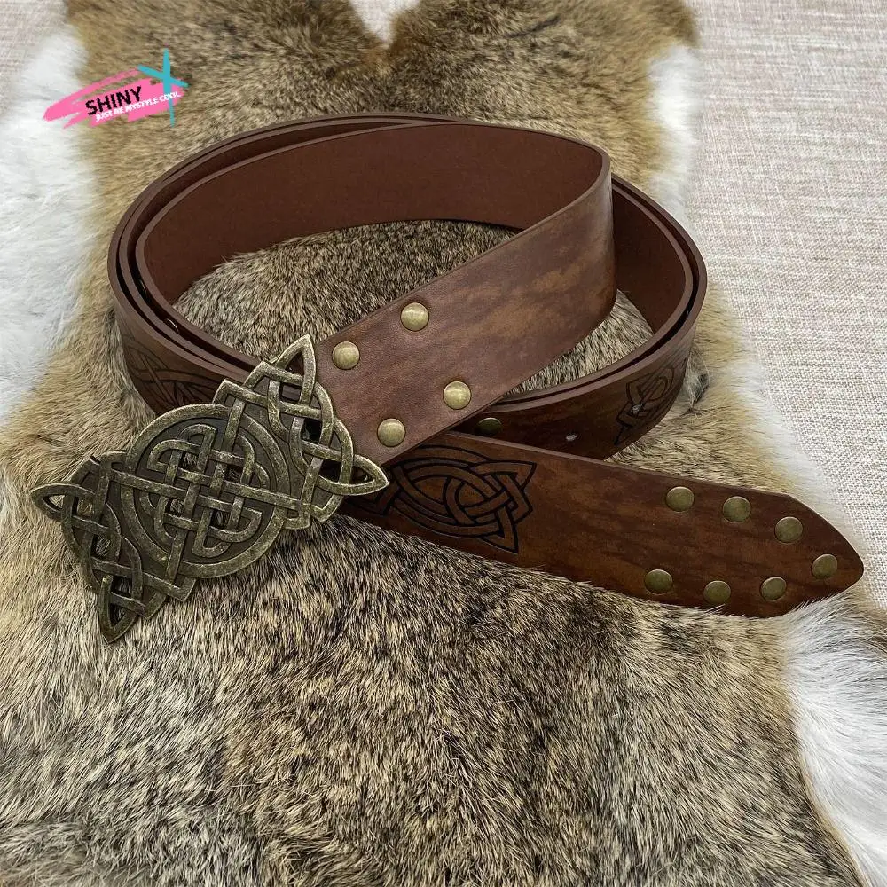 

Interesting Embossed Viking Renaissance Buckle Belt Printing Knight Celtic Belt PU Leather Medieval Waistband Decorations