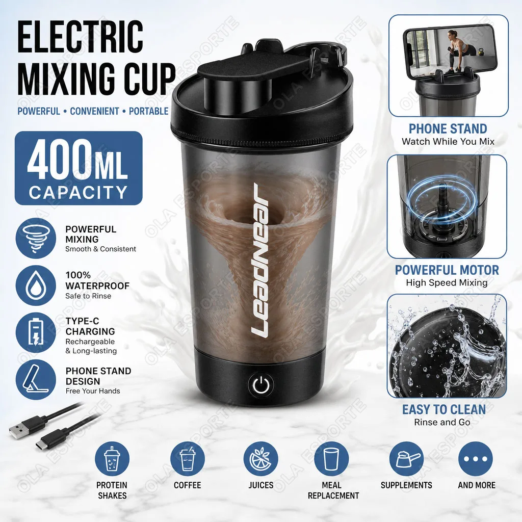 Copo Misturador Elétrico com Suporte para Telefone 400ML, Portátil para Atividades ao Ar Livre, Ideal para Proteína em Pó e Café