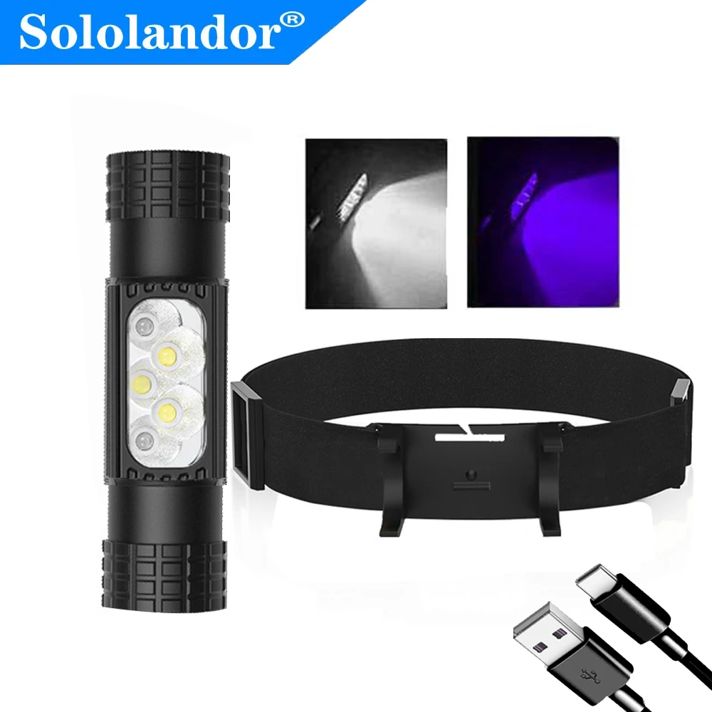 395nm UV LED Mini Headlamp High Power White Purple Light Headlight Type-C 18650 Head Torch Multi-function Flashlight Lamp