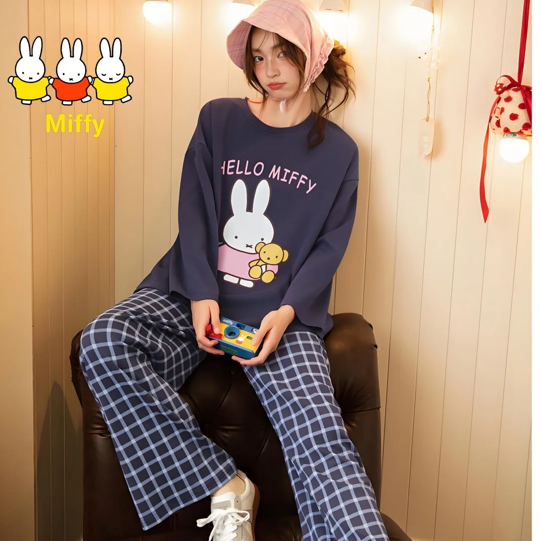 

Женская пижама из чистого хлопка Kawaii Miffy Rabbit, весенне-осенний повседневный и милый мультяшный комплект домашней одежды с длинными рукавами, подарок